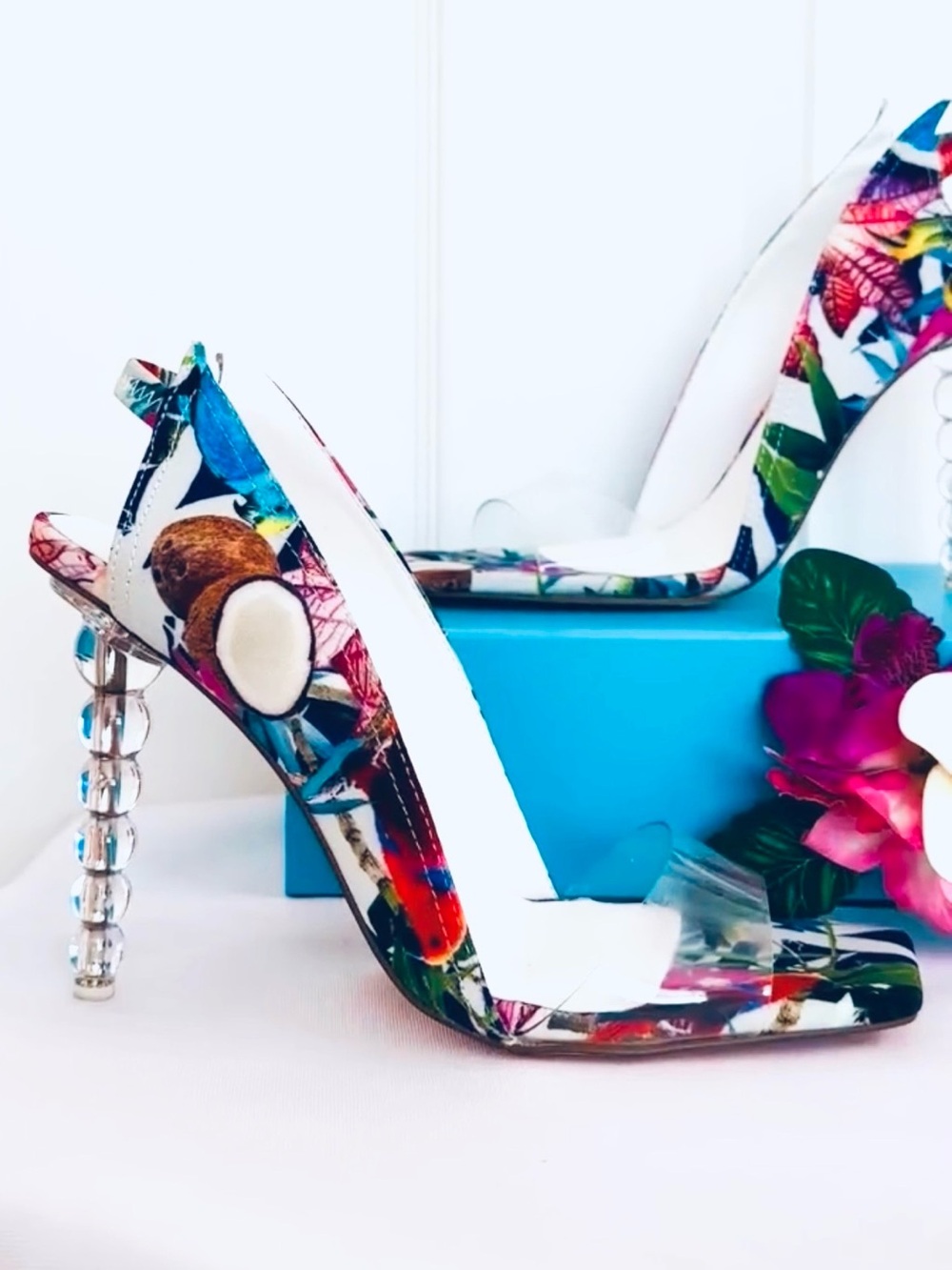 PRIVILEGED ~ Multi-colored w/tropical print and unique, clear sculptural 5” heel